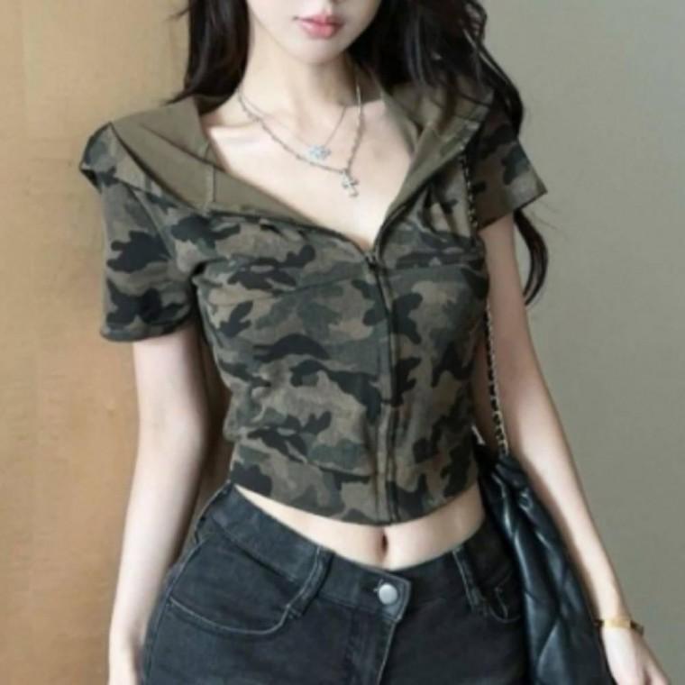 스트릿 카모 밀리터리 후드집업 크롭 여성 반팔