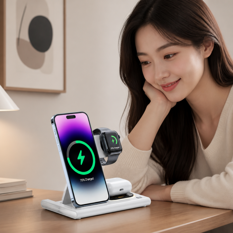 스마트폰 워치 4in1 고속 무선 충전 스테이션 화이트 동시 충전기