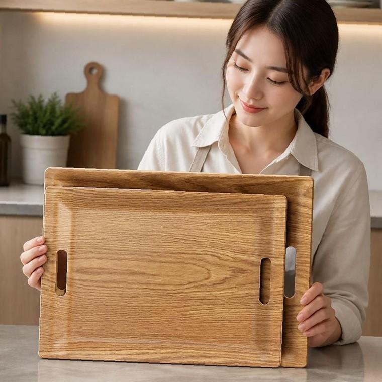 우드 손잡이 트레이 대형 압축 펄프 서빙 쟁반 카페용
