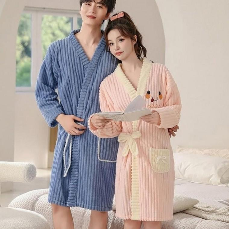 샤워가운 남성 여성 귀여운 코디 골지 극세사 포켓 커플