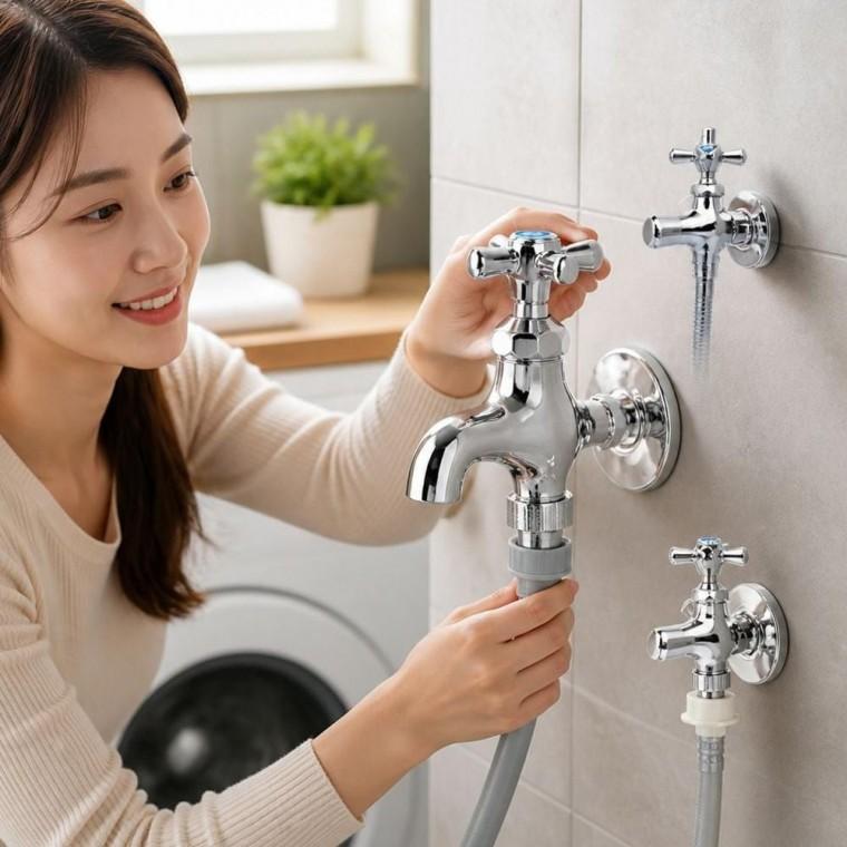 세탁기 십자형 양갈래 수전 베란다 수도꼭지 호스 연결