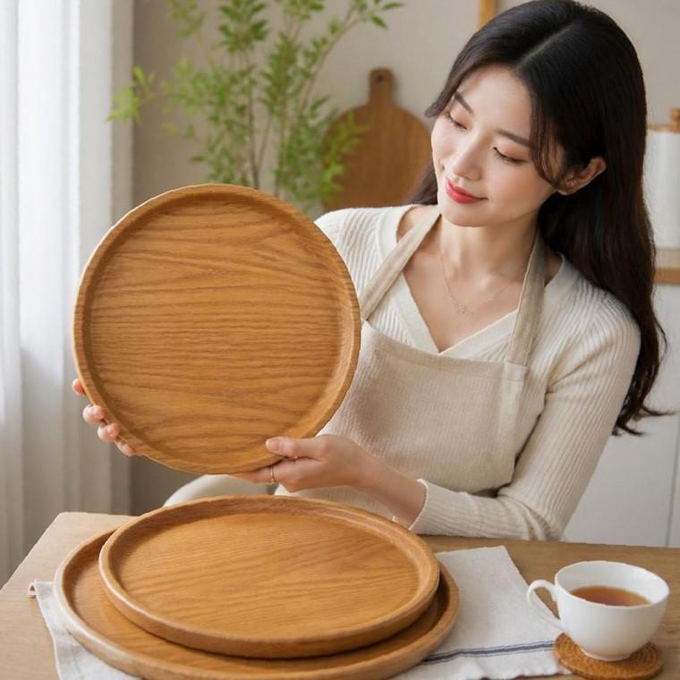 우드 원형 카페 트레이 논슬립 깊은 쟁반 나무 서빙판