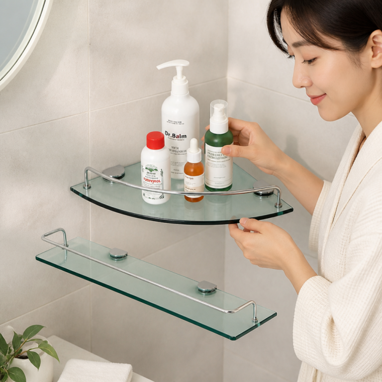 욕실 코너 선반 강화유리 부착식 수납대 거치대